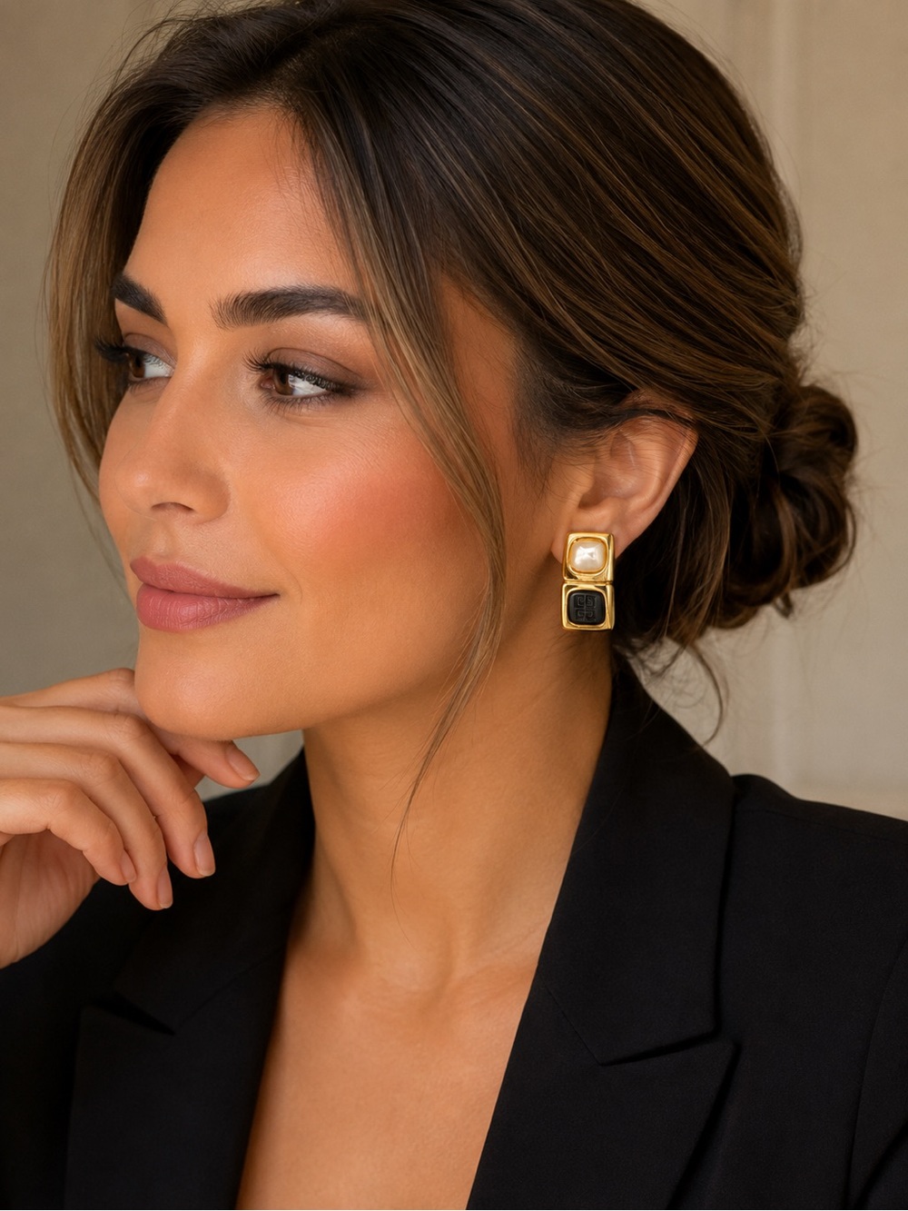 Givenchy Gold & Black Earrings with Pearl Accent – Excellent Condition